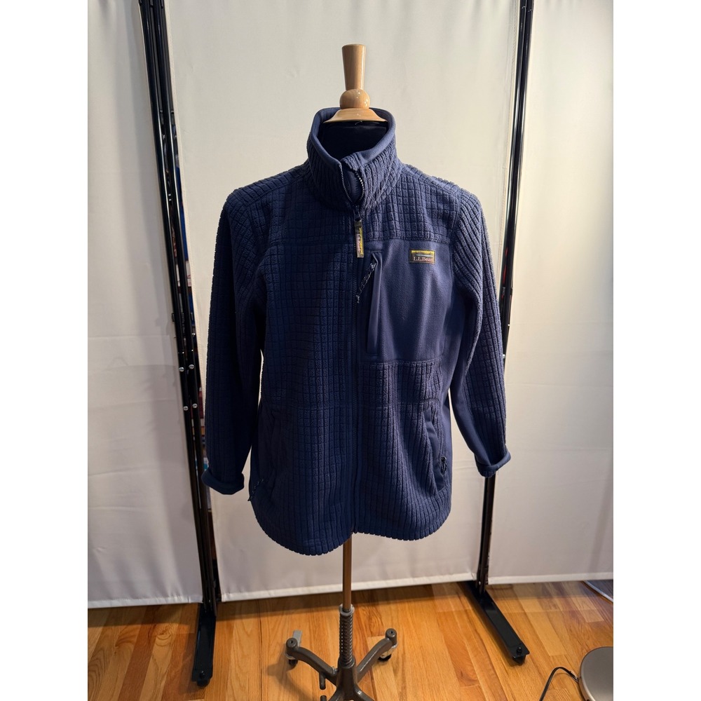 LL Bean Womens XL Pet Navy Blue Waffle Grid Full Zip Fleece Jacket 509956